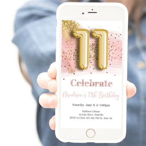 11th Birthday Invitation Editable Pink Gold Confetti Girl 11th Etsy