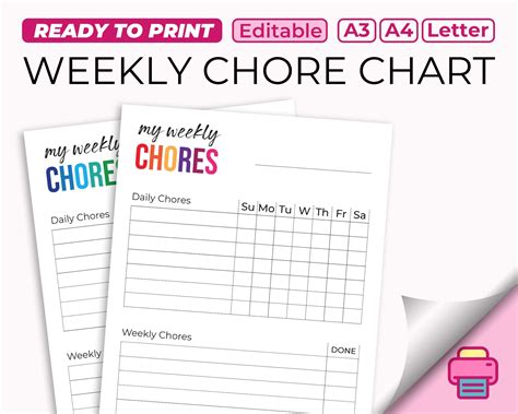 Digital Weekly Colorful Chore Chart For Kids Printable And Editable To