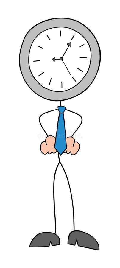 Stickman Businessman Stands With A Clock Head And Hands On His Waist