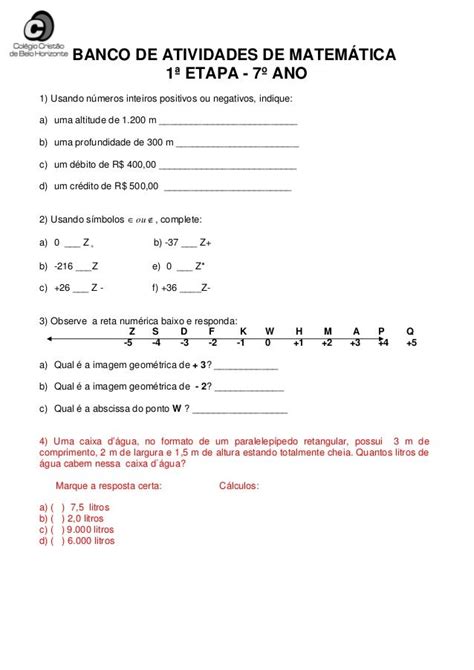 Exercicios De Matematica Numeros Inteiros 7 Ano Com Gabarito Matematica Q