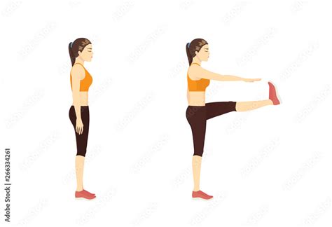 Woman Doing Standing Toe Touch Stretches Exercise In 2 Step Illustration About Warm Up And Cool