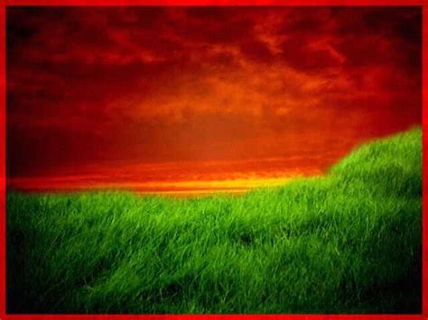 An Image Of The Sun Setting Over A Grassy Field With Red Sky In The