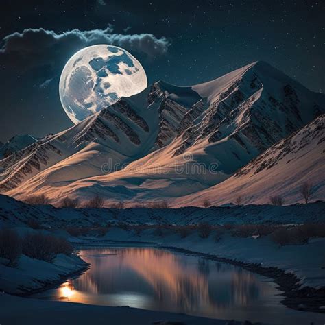 Full Moon A Winter View Of Snow Capped Mountains White Rocks And