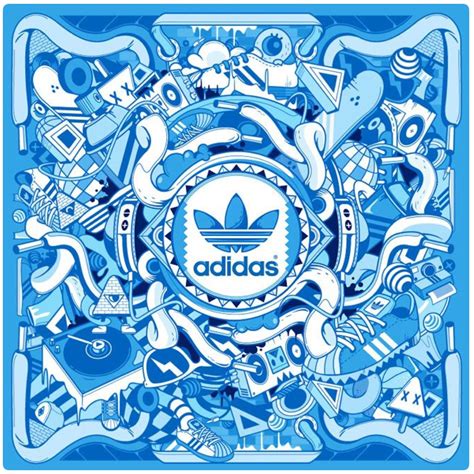The Adidas Logo Surrounded By Blue And White Doodled Items On A Blue