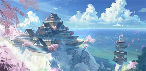 Hd Wallpaper Temple And Pagoda Illustration Anime Asian Architecture