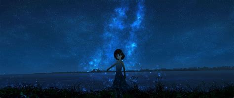 Download Wallpaper 2560x1080 Girl Night Starry Sky Anime Dual Wide