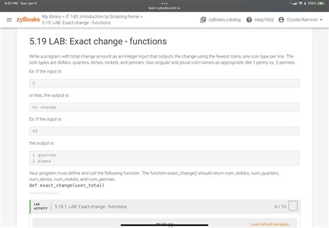 519 Lab Exact Change Functions Write A Program With Total Change