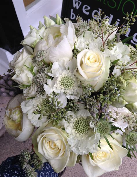 All White Hand Tied Bouquet Including Scabious Roses Peonies Astrantia And Berried Eucalyptus