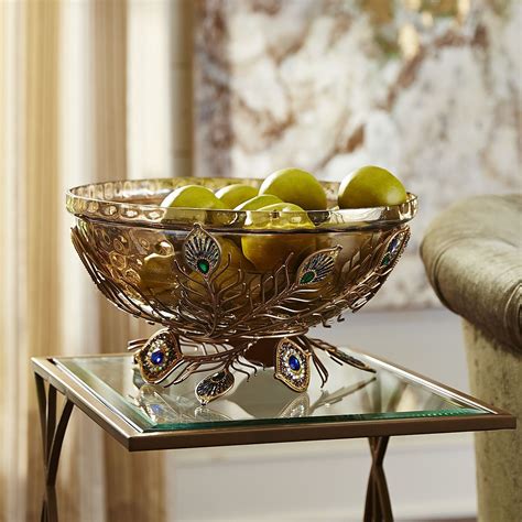 Our Pretty Glass Bowl Is Perched Atop An Iron Peacock Feather Stand Adorned With Glass Jewels To