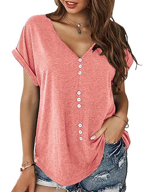 ukap women short sleeve v neck tunic casual loose solid color t shirt solid color button decor