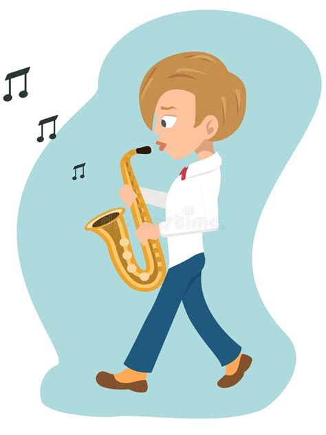 Boy Walking And Playing Saxophone Cartoon Stock Vector Illustration