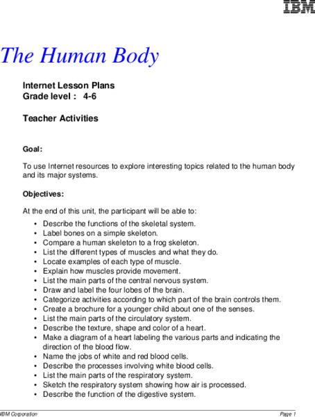 The Human Body Lesson Plan For 4th 6th Grade Lesson Planet