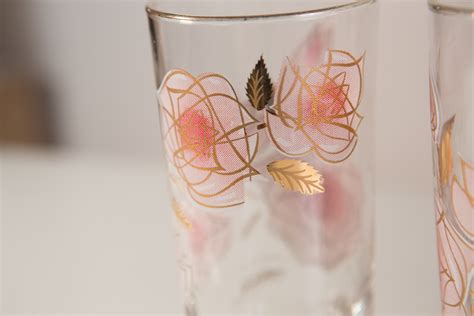 3 Vintage Glasses With Pink And Gold Floral Pattern Ornate Rose Flower Cocktail Glasses