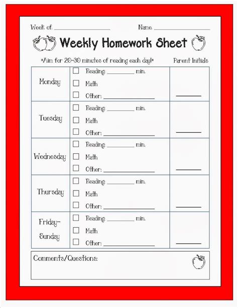 Printable Weekly Assignment Sheet Weeklyhomeworksheet2