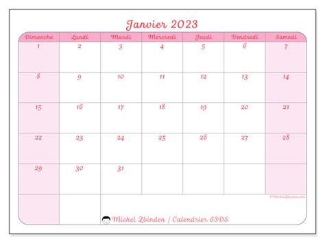 Calendrier Janvier 2023 à Imprimer “63ds” Michel Zbinden Ch