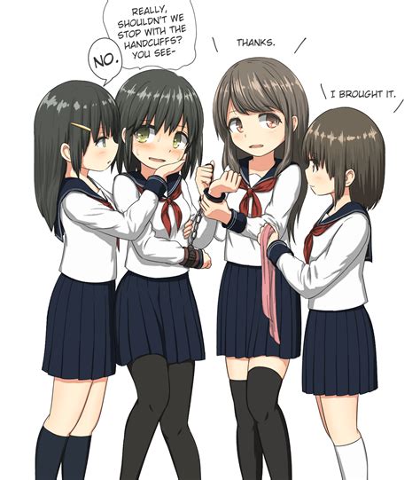 safebooru 4girls bdsm black hair blush bondage bound brown eyes brown hair chains cuffs green