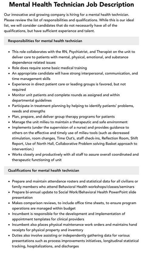 Mental Health Technician Job Description Velvet Jobs