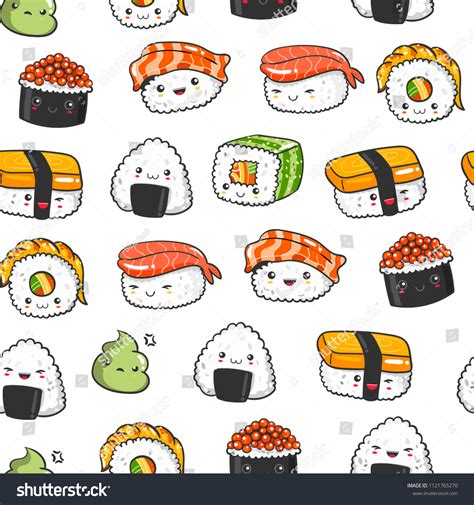 Hand Drawn Various Kawaii Sushi Colored Immagine Vettoriale Stock