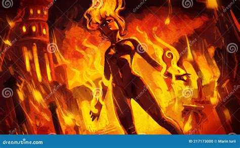 The Fire Elemental Girl Stands Majestically Against The Backdrop Of A Burned Out Fantasy City