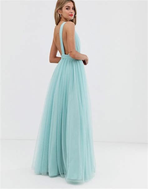 asos one shoulder tulle maxi dress in green lyst
