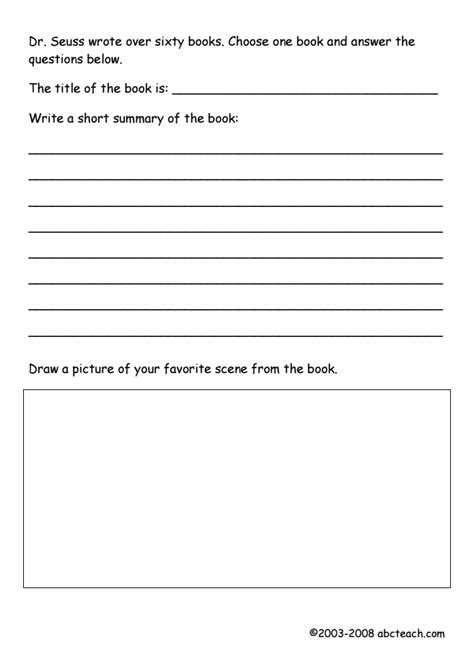 Dr Seuss Book Report Worksheet For 1st 3rd Grade Lesson Planet