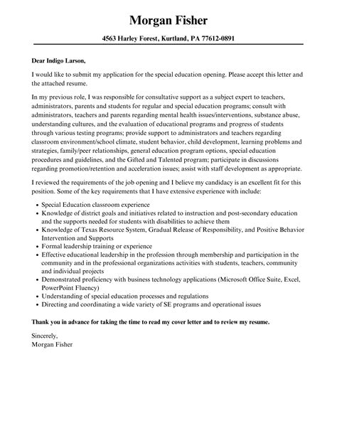 Special Education Cover Letter Velvet Jobs
