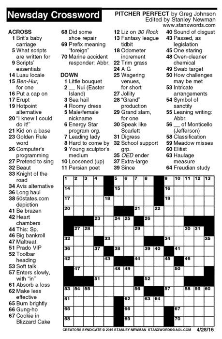 Newsday crossword puzzle for apr 28, 2016, by stanley newman