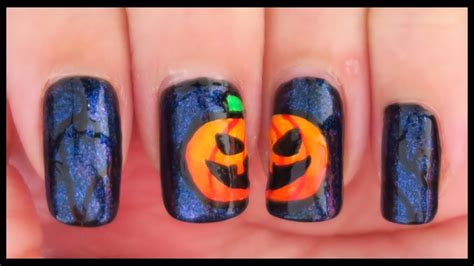 Pumpkin On Glittery Black Halloween Nail Art Youtube
