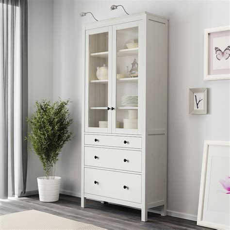 Hemnes Glass Door Cabinet With 3 Drawers White Stain 90x198 Cm Ikea