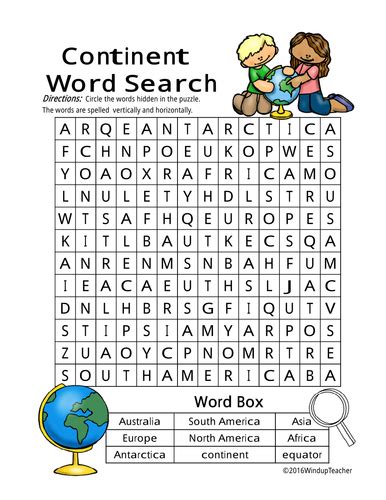 Continent Word Search Easy Teaching Resources