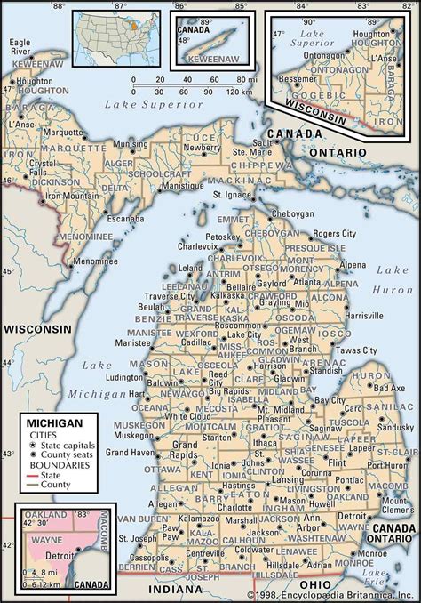 State Map Of Michigan State With The Counties And The County Seats