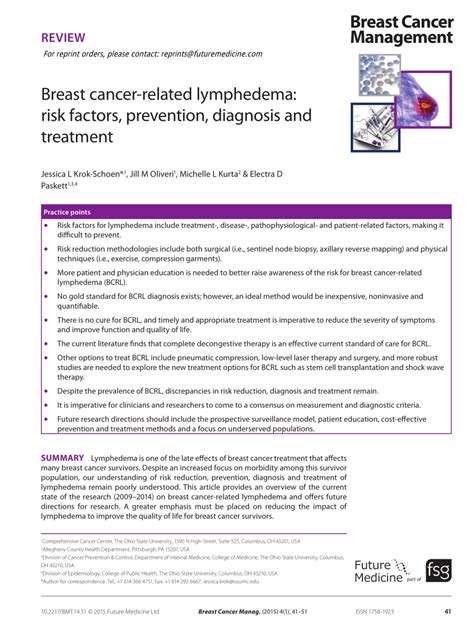 Pdf Breast Cancer Related Lymphedema Risk Factors Prevention