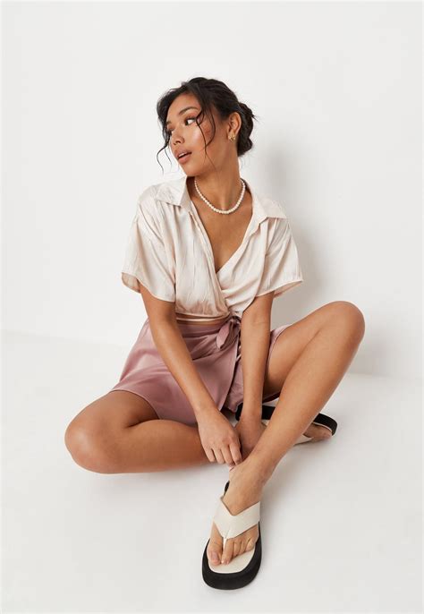 Petite Nude Satin Crinkle Wrap Front Shirt Missguided