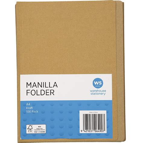 Ws Manilla Folders Kraft 100 Pack Multi Coloured A4 Warehouse