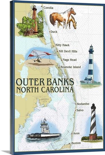 Outer Banks North Carolina Nautical Chart Retro Travel Poster Wall