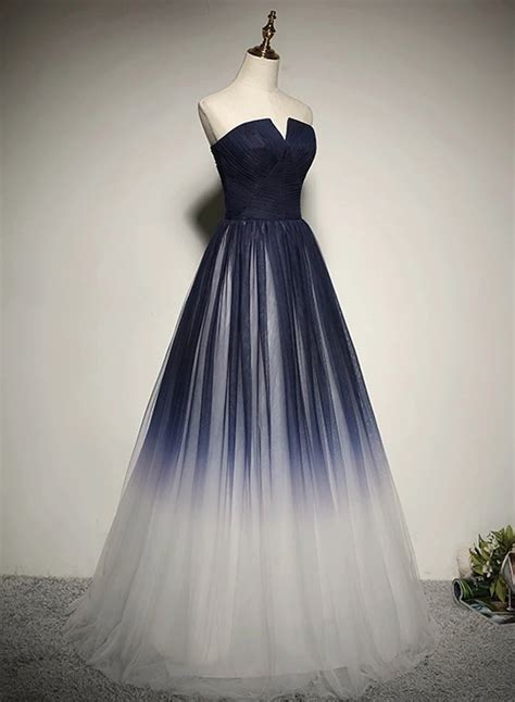 Navy Blue Tulle Strapless Long Prom Dress Evening Dress454 · Muttie