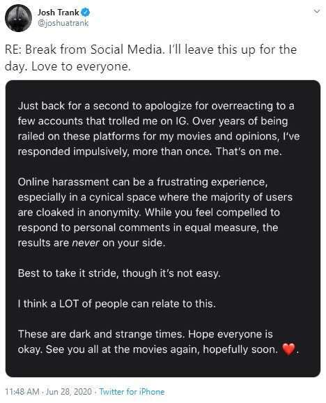 Fantastic 4 Josh Trank Torna Su Twitter E Si Scusa Per La Reazione