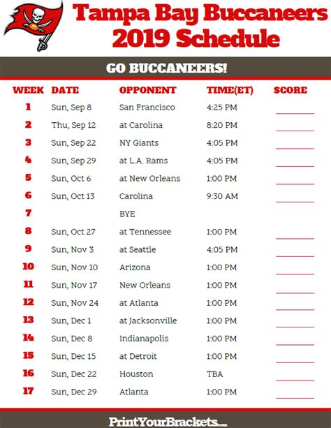 Tampa Bay Buccaneers Printable Schedule