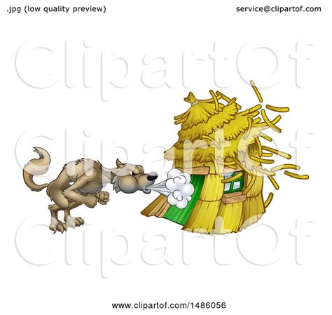 Clipart Of A Big Bad Wolf Blowing Down A Straw House Royalty Free