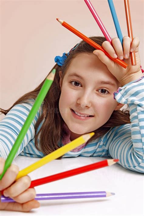 Smiling Girl Holding Color Pencils Royalty Free Stock Photos Image
