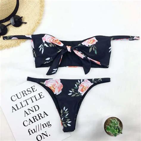 Off Shoulder Bikini Women Floral Print Swimwear Push Up Swimsuit