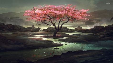 Creekside Cherry Tree Wallpaper Blossoms Art Painting Tree Art