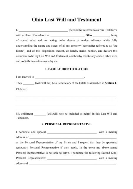Ohio Last Will And Testament Template Download Printable Pdf