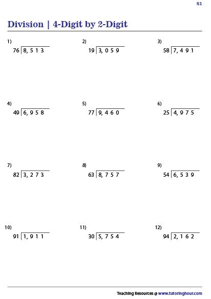 Dividing 4 Digit By 2 Digit Whole Numbers Worksheets Math Division