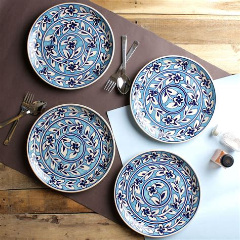 Blue Hand Painted 10 Inch Ceramic Dinner Plates Set Of 4 Buy Online