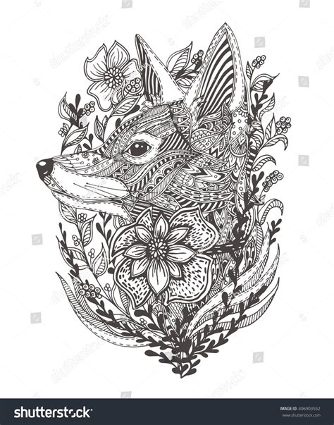 Fox Flowers Handdrawn Ethnic Floral Doodle Stock Vector 406903552