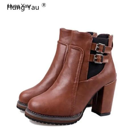 Hung Yau Ankle Boots For Women Platform High Heels Female Shoes Woman Buckle Short Leather Boots