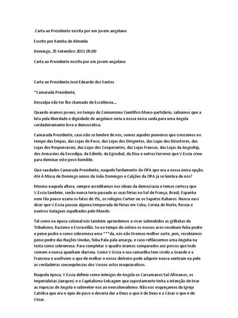 Carta Ao Presidente Escrita Por Um Jovem Angolano Angola Democracia