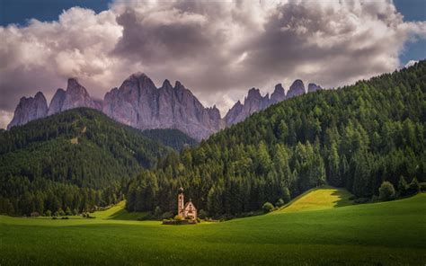 Download Wallpapers Church Saint Johann Mountains Alps Forest Italy