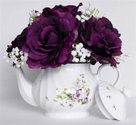 Teapot Silk Flower Arrangement Deep Purple By